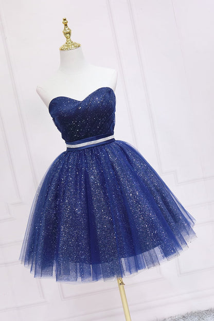 Beaira Shiny Navy Blue Tulle Sweetheart Homecoming Dress Blue Prom Dress prom dresses shops