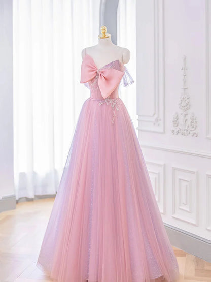 Beaira Lovely Pink Tulle Long Prom Dress with Bow Pink Formal Dresses prom dresses shops