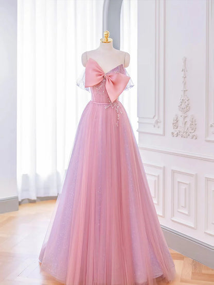 Beaira Lovely Pink Tulle Long Prom Dress with Bow Pink Formal Dresses prom dresses shops