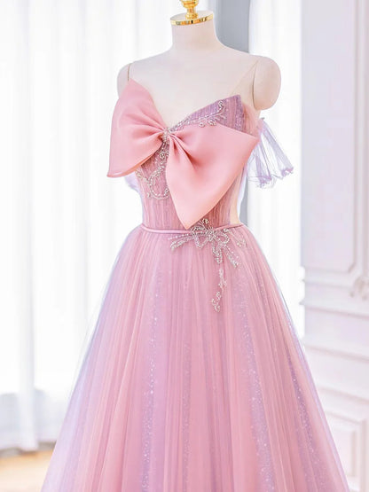 Beaira Lovely Pink Tulle Long Prom Dress with Bow Pink Formal Dresses prom dresses shops