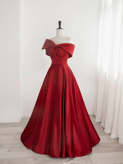 Beaira Red Satin One Shoulder Long Party Dress with Bow Red Off Shoulder Prom Dress prom dresses shops