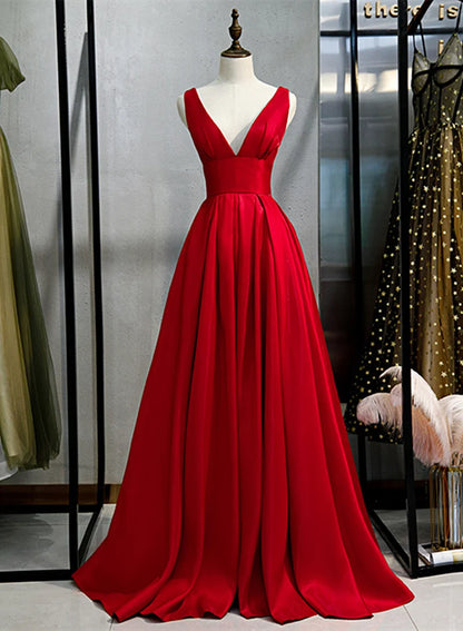 Beaira Red V-neckline Satin Floor Length Prom Dress Red Evening Gown prom dresses shops