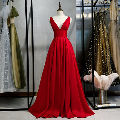 Beaira Red V-neckline Satin Floor Length Prom Dress Red Evening Gown prom dresses shops