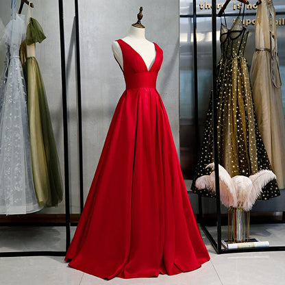 Beaira Red V-neckline Satin Floor Length Prom Dress Red Evening Gown prom dresses shops