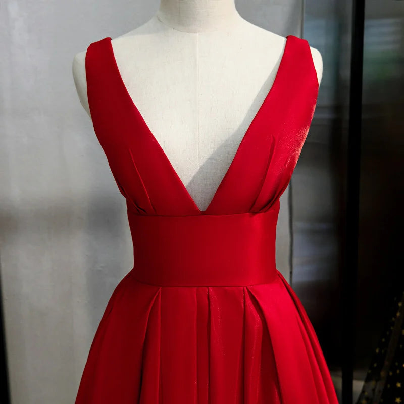 Beaira Red V-neckline Satin Floor Length Prom Dress Red Evening Gown prom dresses shops