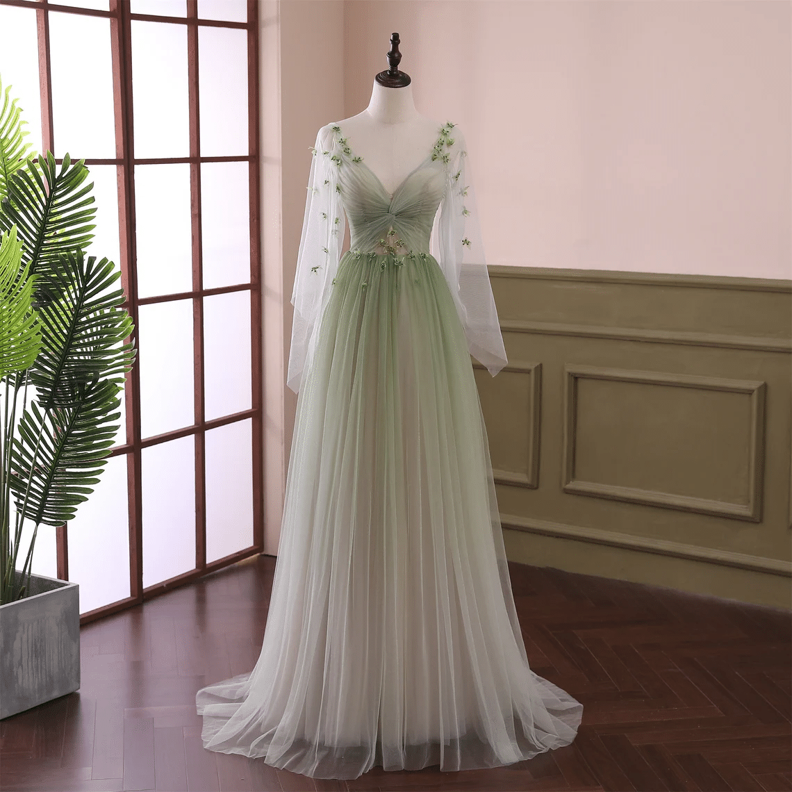 Beaira Light Green Gradient Soft Tulle Long Junior Prom Dress Green Formal Dress Party Dress prom dresses shops