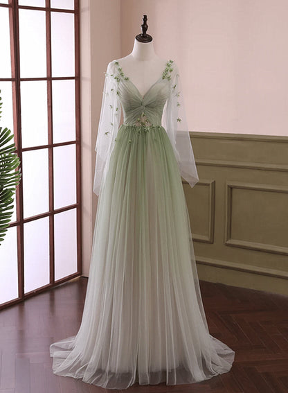 Beaira Light Green Gradient Soft Tulle Long Junior Prom Dress Green Formal Dress Party Dress prom dresses shops