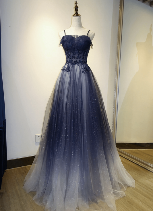 Beaira Blue Gradient Straps Tulle Long Party Dress with Lace Blue Junior Prom Dress prom dresses shops