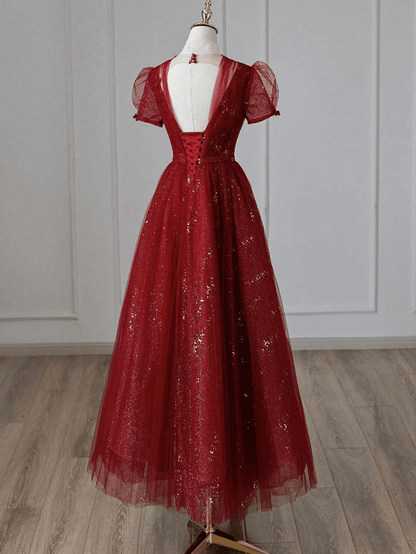 Beaira Wine Red Tulle Short Sleeves Long Party Dress Wine Red Evening Gown prom dresses shops