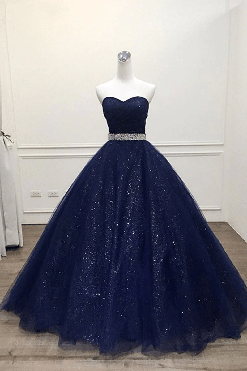 Beaira Navy Blue Shiny Tulle Beaded Long Party Dress Sweetheart Tulle Prom Dress prom dresses shops