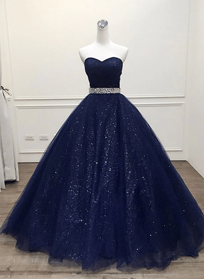 Beaira Navy Blue Shiny Tulle Beaded Long Party Dress Sweetheart Tulle Prom Dress prom dresses shops