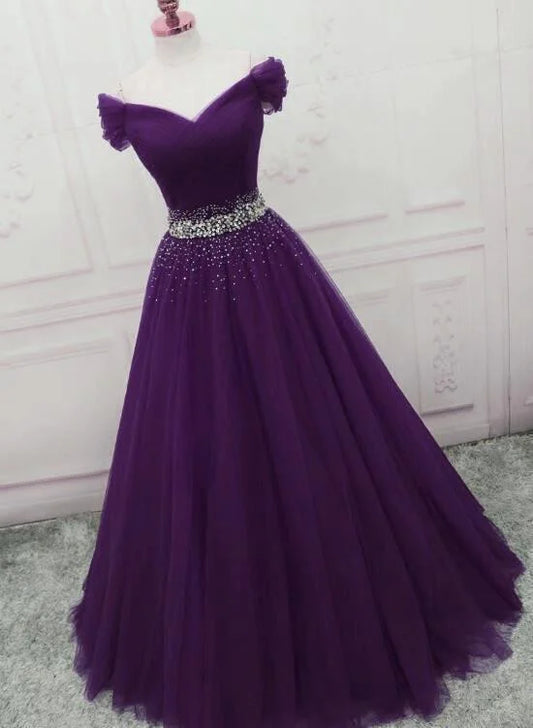 Beaira Dark Purple Beaded Tulle Off Shoulder Party Dress Purple Junior Prom Dresses prom dresses shops