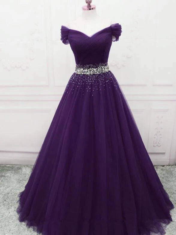 Beaira Dark Purple Beaded Tulle Off Shoulder Party Dress Purple Junior Prom Dresses prom dresses shops