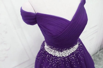 Beaira Dark Purple Beaded Tulle Off Shoulder Party Dress Purple Junior Prom Dresses prom dresses shops