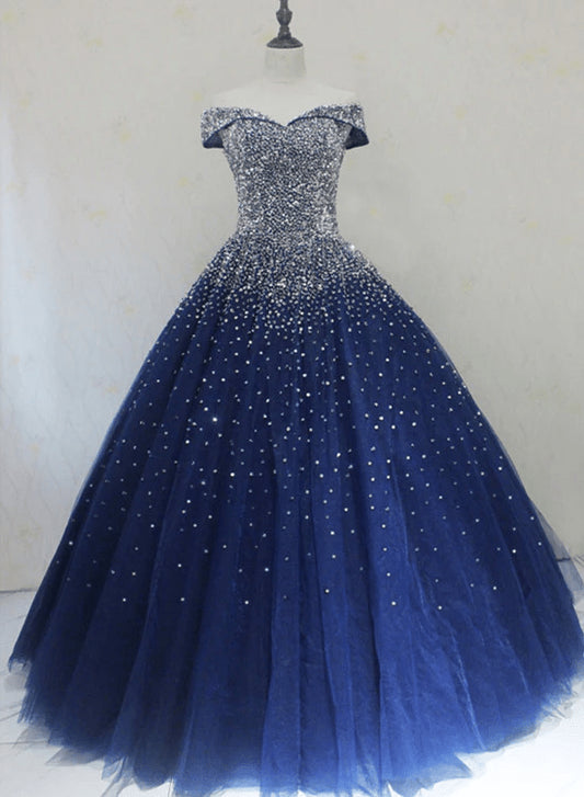 Beaira Blue Sequins Ball Gown Off Shoulder Party Dress Blue Sweet 16 Gown prom dresses shops