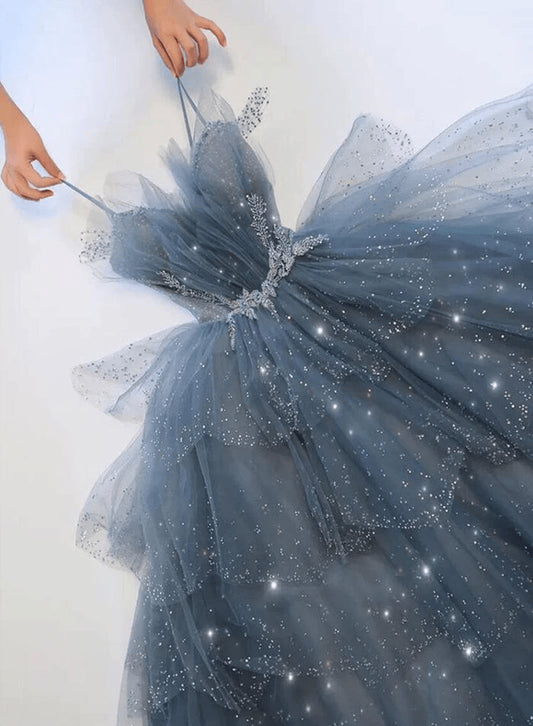 Beaira Blue Tulle Beaded Unique Long Party Dress Blue Shiny Long Straps Formal Dress prom dresses shops