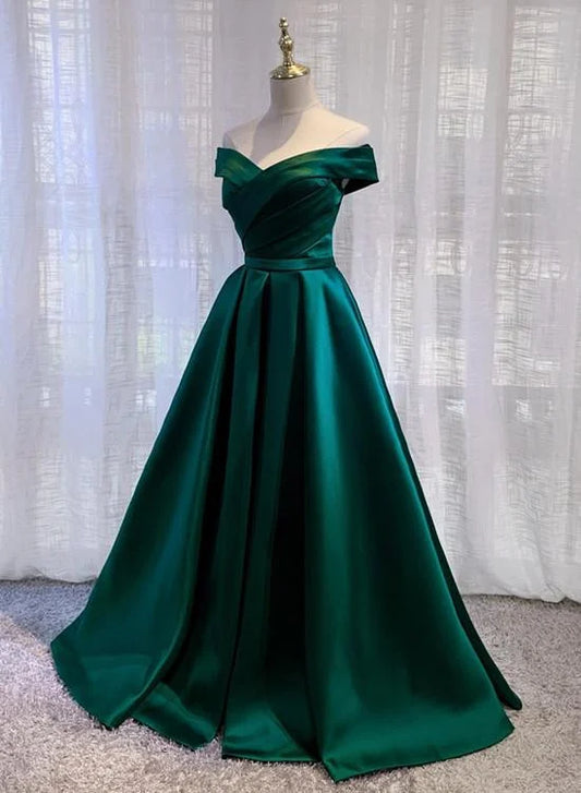 Beaira Green Satin A-line Off Shoulder Floor Length Party Dress Green Prom Dress prom dresses shops