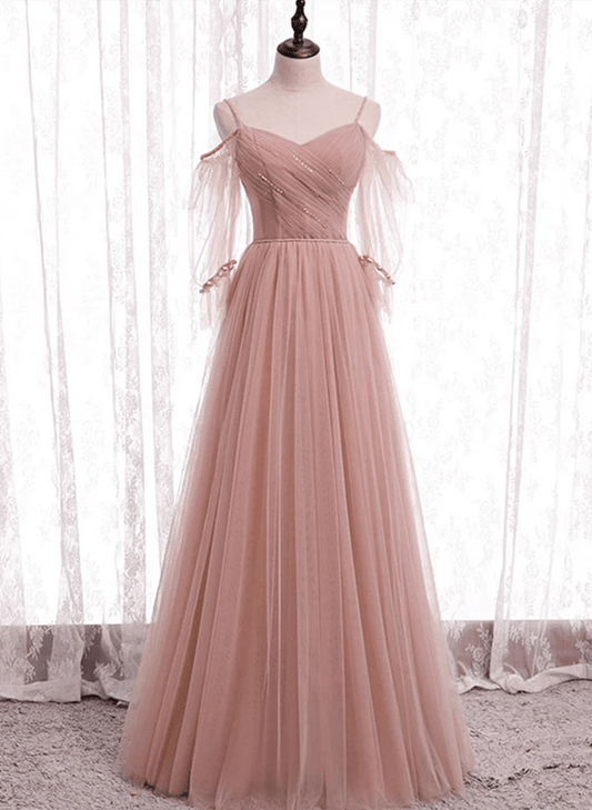 Beaira Pink Tulle Simple A-line Long Wedding Party Dresses Pink Formal Dresses prom dresses shops