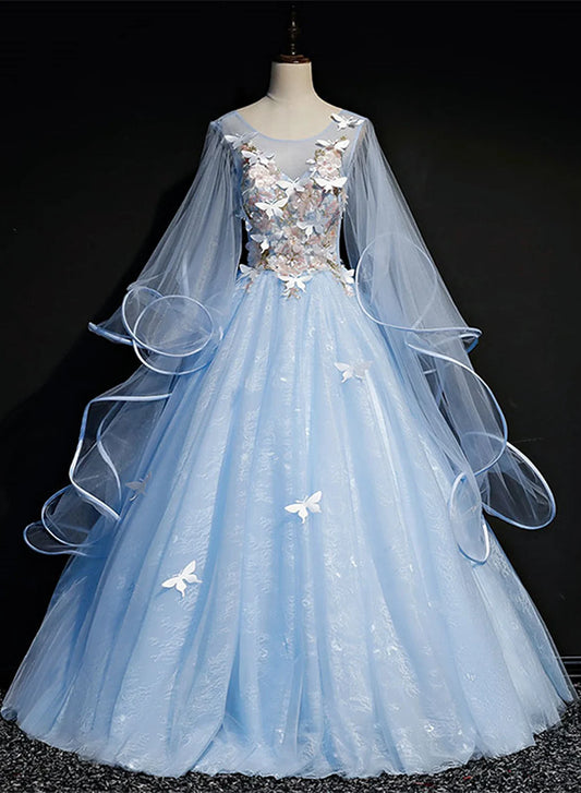 Beaira Light Blue Tulle A-line Party Dress Blue Sweet 16 Gown with Flowers prom dresses shops