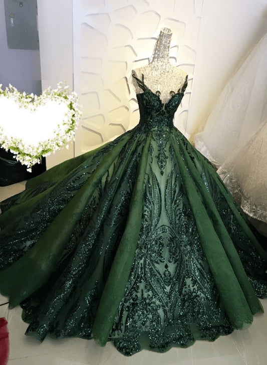 Beaira Dark Green Tulle Ball Gown Formal Dress Shiny Tulle Lace Sweet 16 Dresses prom dresses shops