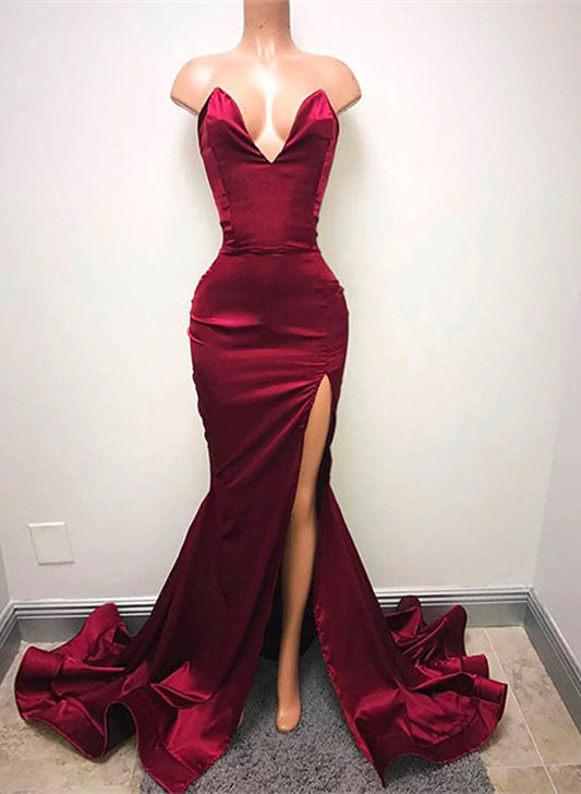 Beaira Burgundy Satin Mermaid Long Sweetheart Evening Dress Burgundy Prom Dress prom dresses shops