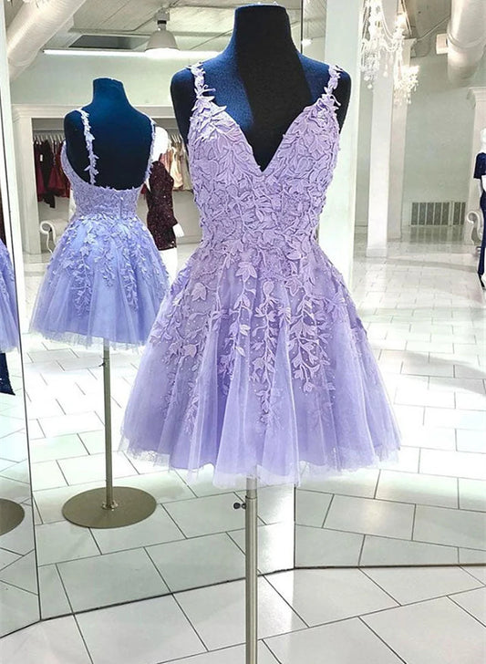 Beaira Lavender Tulle with Lace Straps Short Homecoming Dress Lavender Prom Dress prom dresses shops