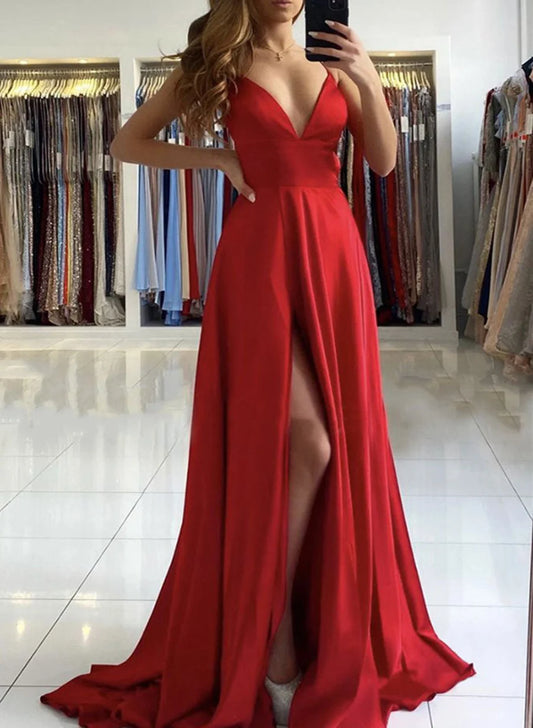 Beaira Red Satin Simple Long V-neckline Prom Dress Red A-line Floor Length Party Dress prom dresses shops