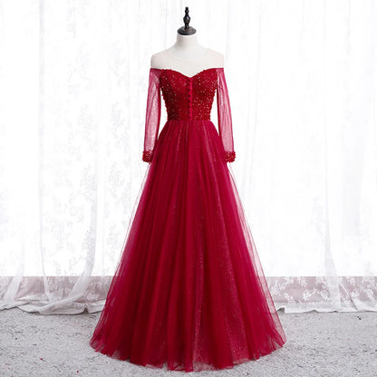 Beaira Wine Red Long Sleeves Beaded Tulle Evening Gown A-line Wine Red Long Prom Dress prom dresses shops