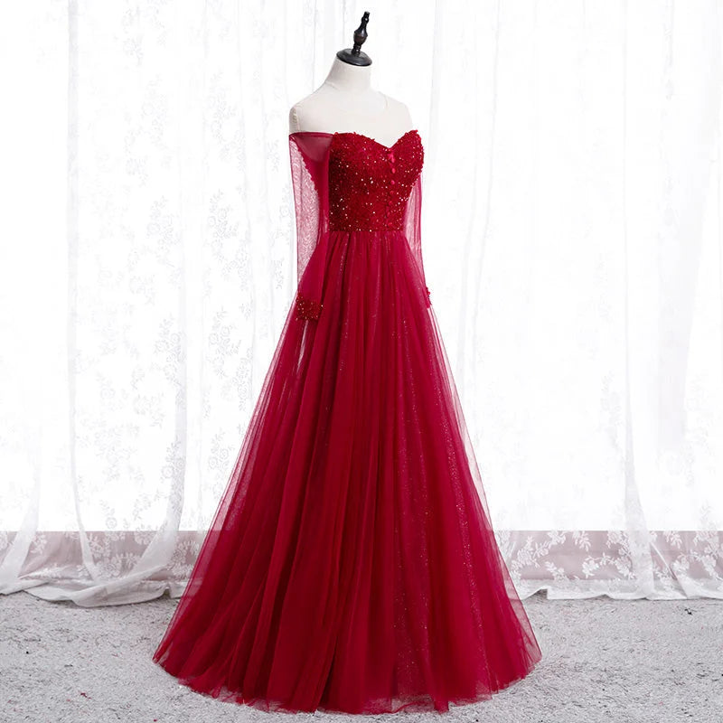 Beaira Wine Red Long Sleeves Beaded Tulle Evening Gown A-line Wine Red Long Prom Dress prom dresses shops