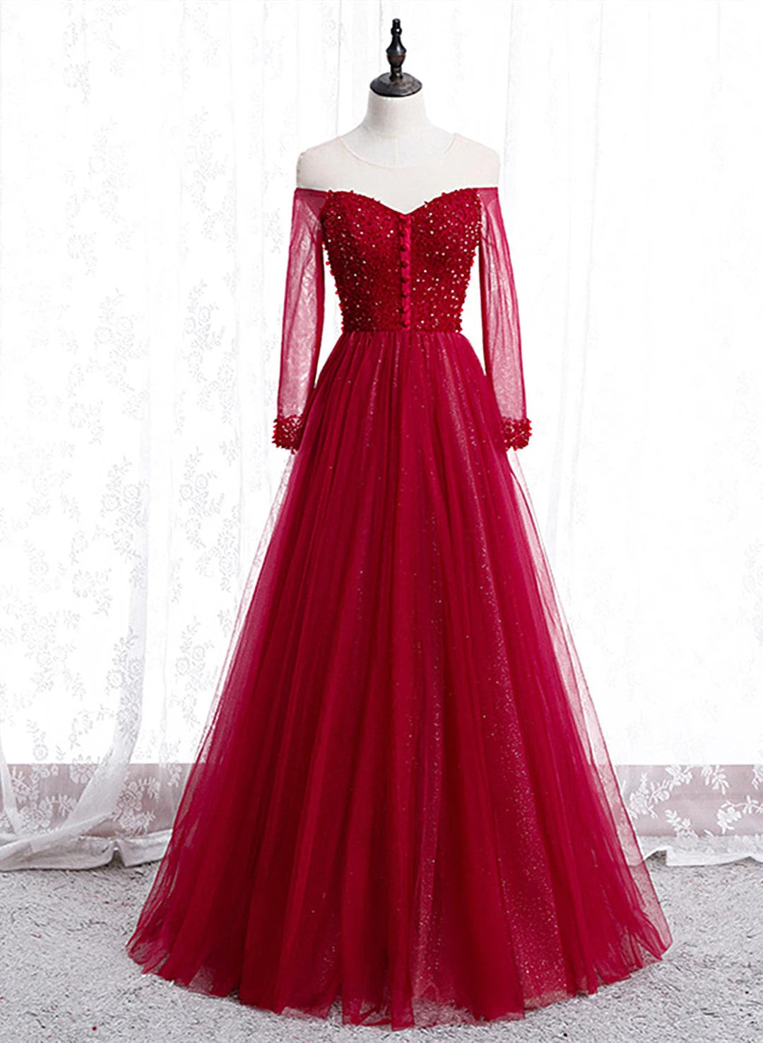 Beaira Wine Red Long Sleeves Beaded Tulle Evening Gown A-line Wine Red Long Prom Dress prom dresses shops