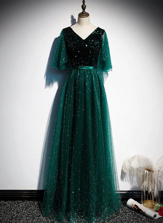 Beaira Green V-neckline Shiny Tulle Long Wedding Party Dresses Green Formal Dresses prom dresses shops