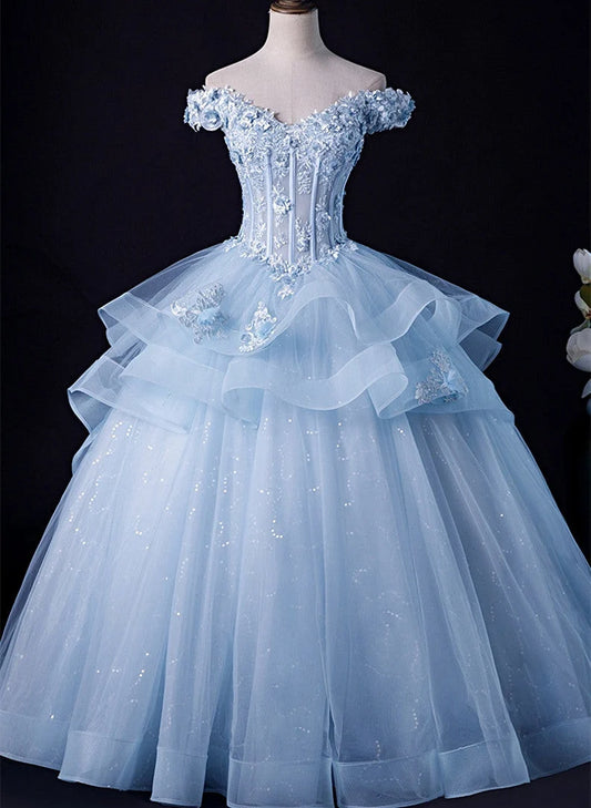 Beaira Light Blue Tulle Ball Gown Off Shoulder Sweet 16 Dress Blue Formal Dress with Lace prom dresses shops