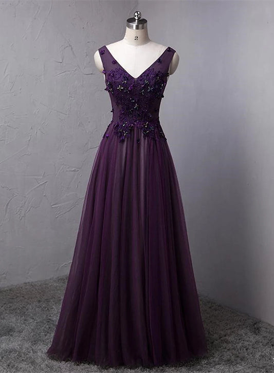 Beaira Dark Purple V-neckline Beaded Tulle Long Formal Dress Purple Evening Dress prom dresses shops