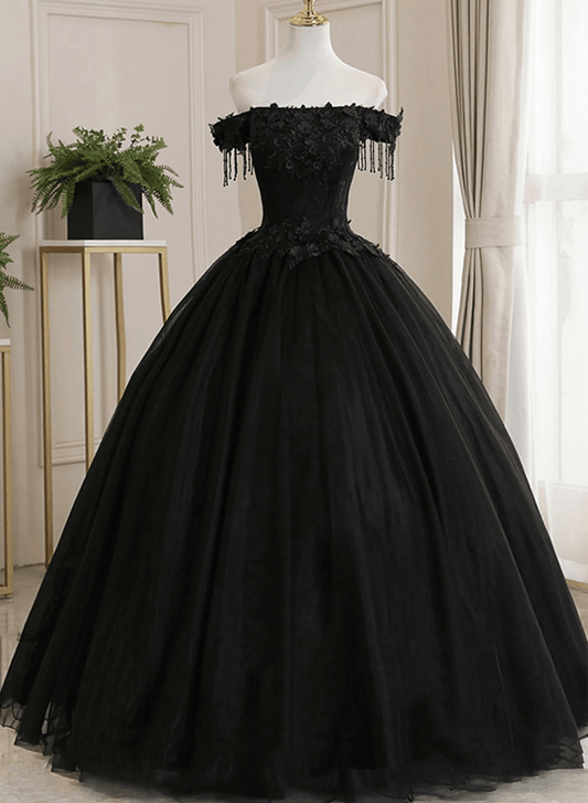 Beaira Black Off Shoulder Sweet 16 Formal Dress with Lace Black Formal Dress prom dresses shops