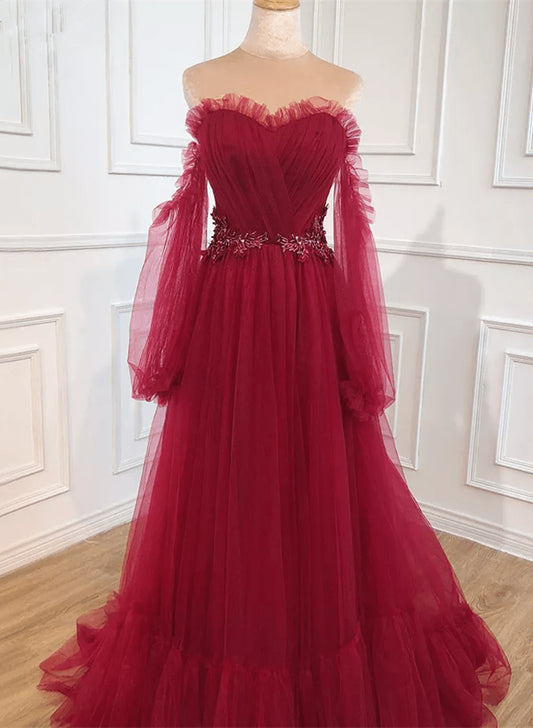 Beaira Wine Red Off Shoulder Beaded Long Formal Dress Wine Red Evening Dress prom dresses shops