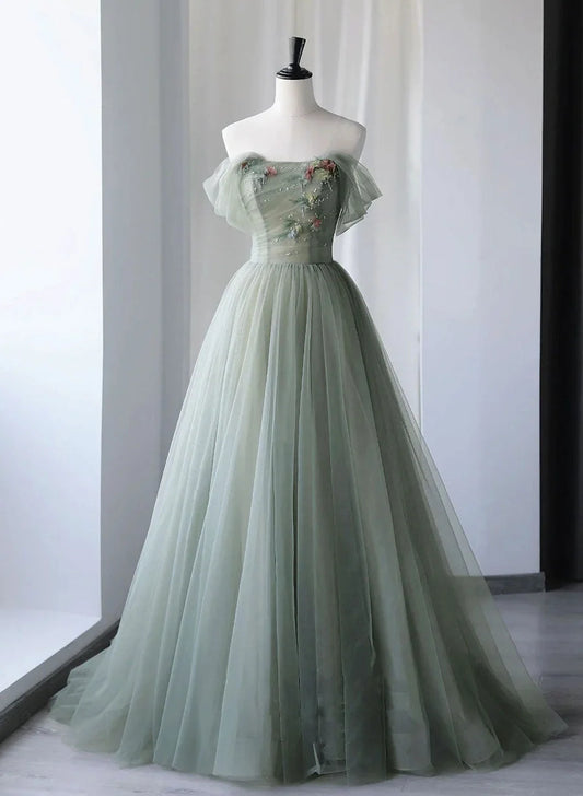 Beaira Light Green Tulle Off Shoulder Long Prom Dresses Green Sweetheart Party Dress prom dresses shops