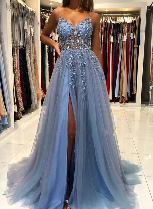 Beaira Blue V Neck Open Back Beaded Long Prom Dress High Slit Party Dress prom dresses shops