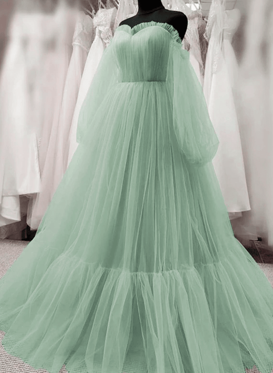 Beaira Light Green Puffy Sleeves Tulle Long Party Dress Green Evening Dress prom dresses shops