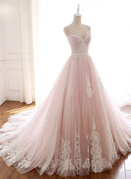 Beaira Pink Elegant Tulle V-neckline Straps Party Dress with Lace Pink Sweet 16 Dress prom dresses shops