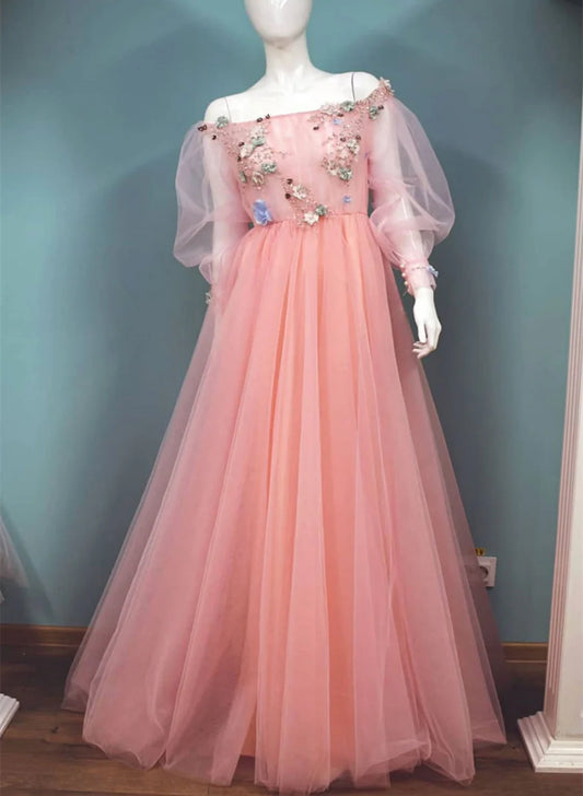 Beaira Lovely Pink Tulle Off Shoulder Sleeves Party Dress A-line Pink Long Formal Dress prom dresses shops