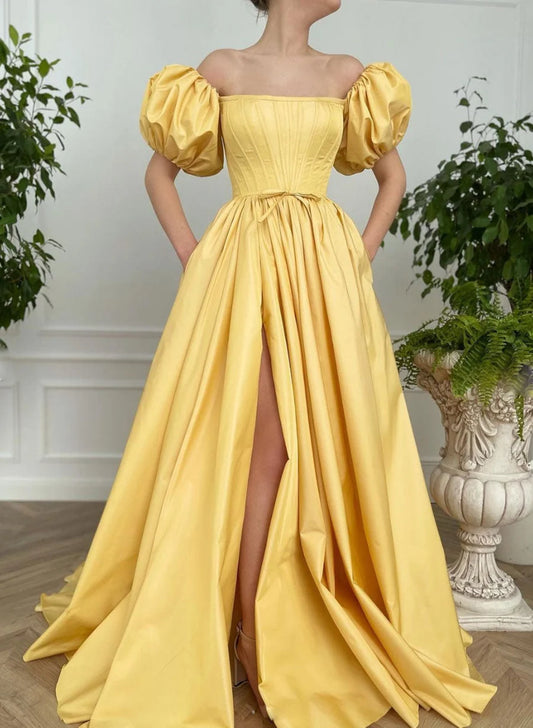 Beaira Light Yellow Satin Off Shoulder Long Party Dress Long Prom Dress with Leg Slit prom dresses shops