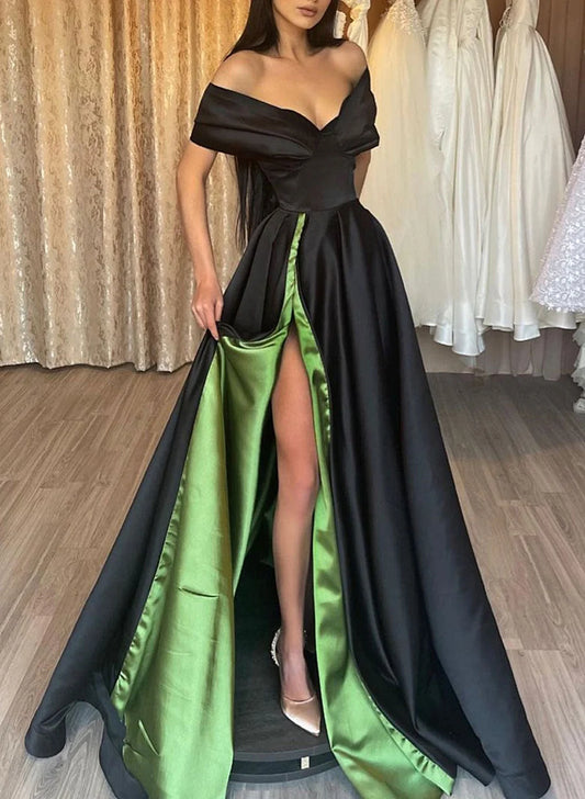 Beaira Black and Green Satin Off Shoulder Party Dress Satin Long Formal Dress prom dresses shops