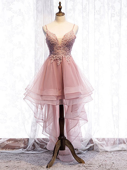 Beaira Cute Pink High Low Tulle with Lace Prom Dress High Low Homecoming Dress prom dresses shops