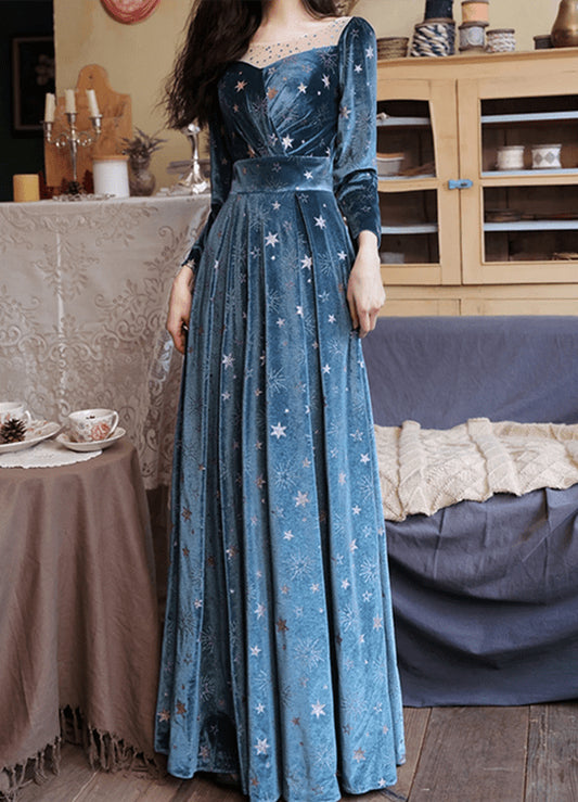 Beaira Blue Velvet Long Sleeves Floor Length Wedding Party Dress Blue Bridesmaid Dresses prom dresses shops