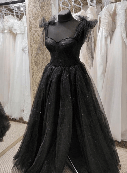 Beaira Black Tulle Floor Length Long Party Dress with Slit Black Evening Dresses prom dresses shops