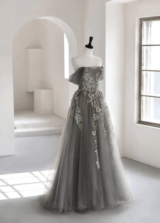 Beaira Grey Off Shoulder Tulle with Lace Applique Long Party Dress Grey Prom Dress prom dresses shops