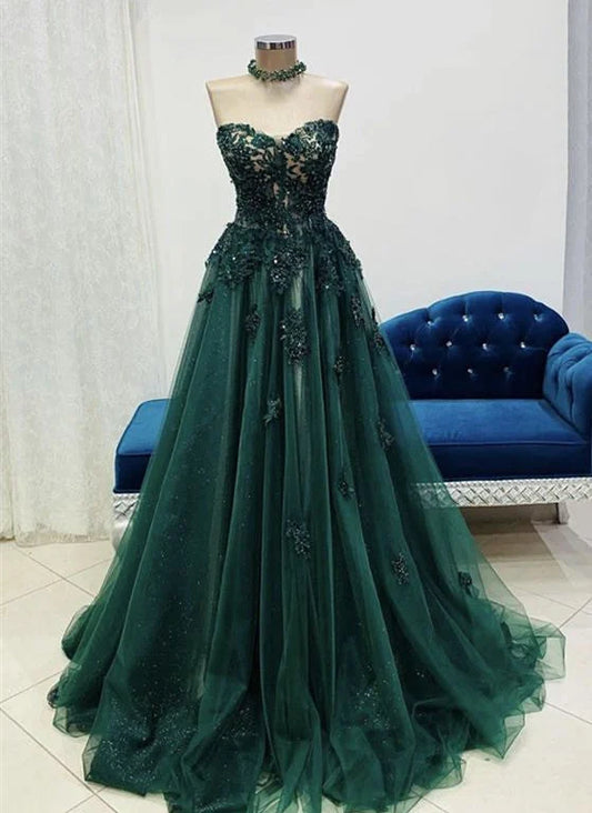 Beaira Green Tulle with Lace Applique Sweetheart Long Formal Dress Green Evening Gown prom dresses shops