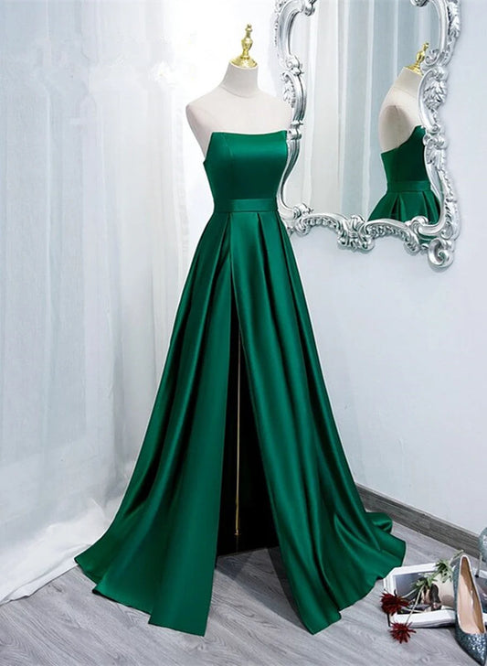 Beaira Green Satin Simple Long Party Dress with Leg Slit Green A-ine Junior Prom Dress prom dresses shops