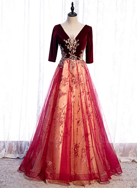 Beaira Wine Red Velvet 1/2 Sleeves Long Party Dress with Lace A-line Junior Prom Dress prom dresses shops