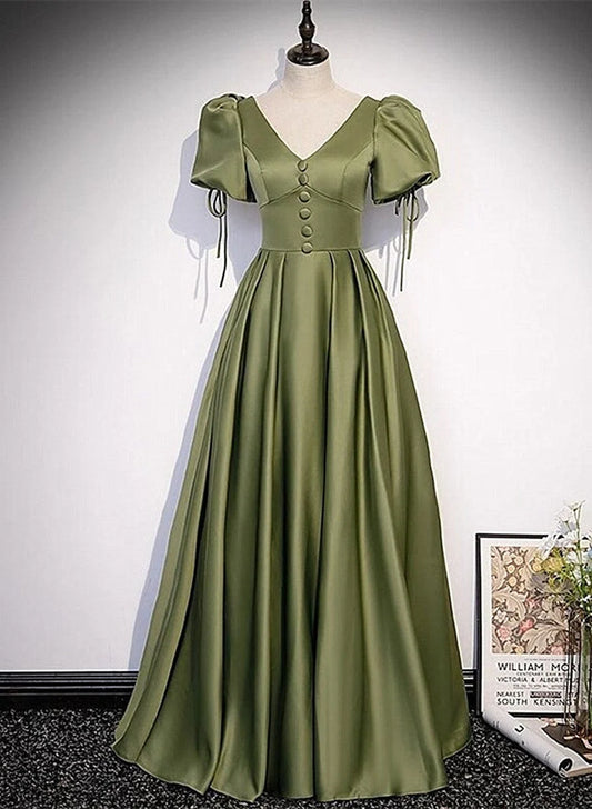 Beaira Green Satin A-line Puffy Sleeves A-line Prom Dress V-neck Simple Long Formal Party Gown prom dresses shops